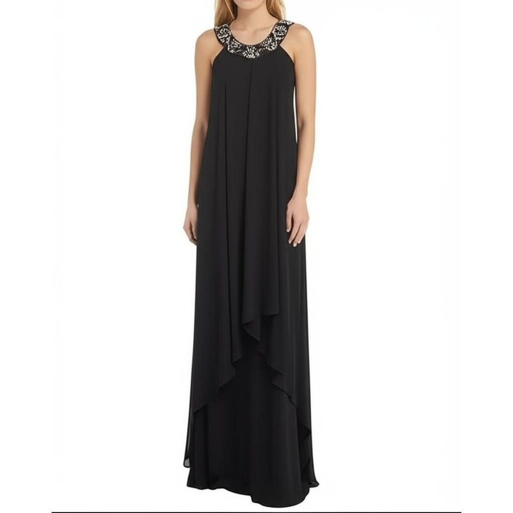 Belle BADGLEY MISCHKA Black Size 10 Maxi Evening Dress Embellished Neck Gown